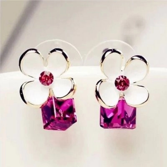 Pink Crystal Flower Earrings - Picture 1 of 3